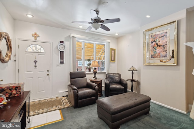 2341 S Hicks St, Philadelphia, PA 19145 - living area featuring carpet flooring, ceiling fan, a wealth of natural light, and a baseboard radiator