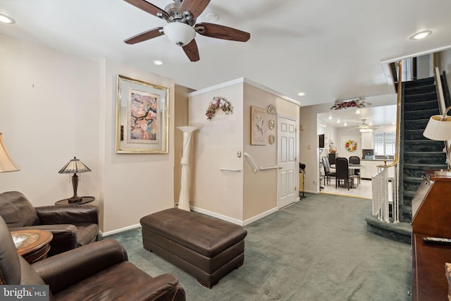 2341 S Hicks St, Philadelphia, PA 19145 - carpeted living area with recessed lighting, stairs, ceiling fan, and baseboards
