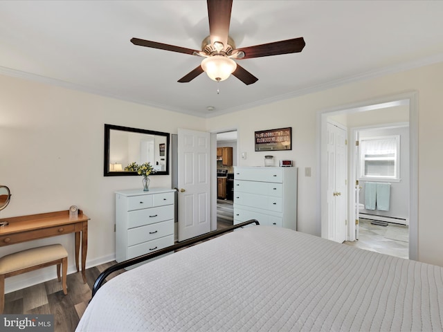bedroom featuring wood finished floors, ornamental molding, ceiling fan, and a baseboard heating unit