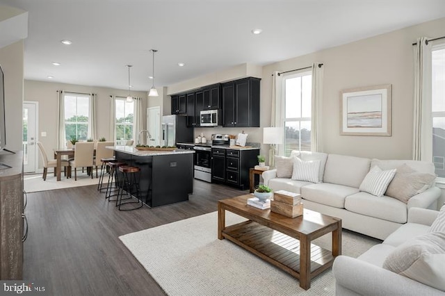 living room with recessed lighting and dark wood finished floors
