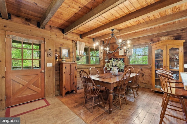 dining area with an inviting chandelier, beam ceiling, wood walls, hardwood / wood-style floors, and wood ceiling