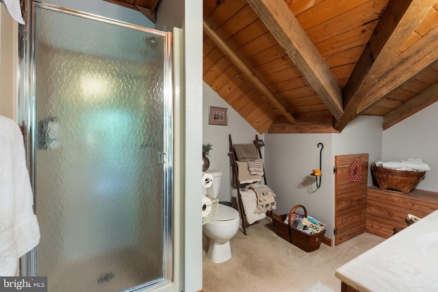 bathroom featuring toilet, wooden ceiling, vaulted ceiling with beams, and a stall shower