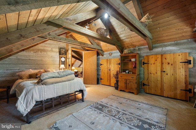 carpeted bedroom featuring vaulted ceiling with beams, wood ceiling, and wooden walls