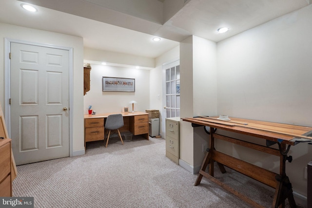 office area featuring light colored carpet, recessed lighting, and baseboards
