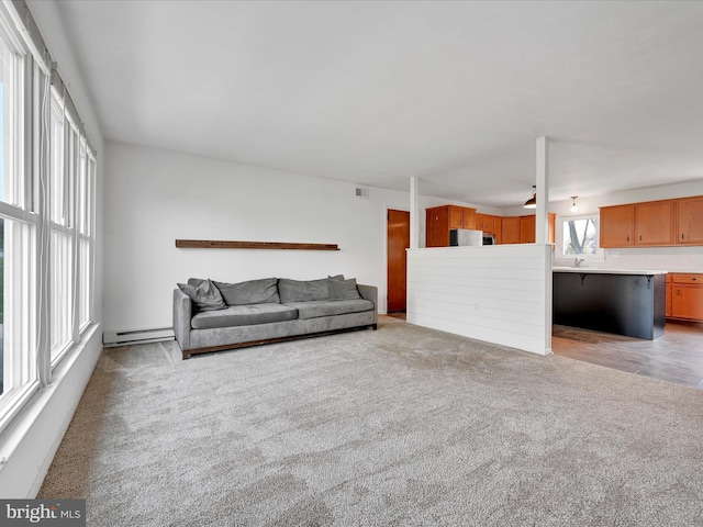 living room featuring visible vents, a baseboard heating unit, and light carpet