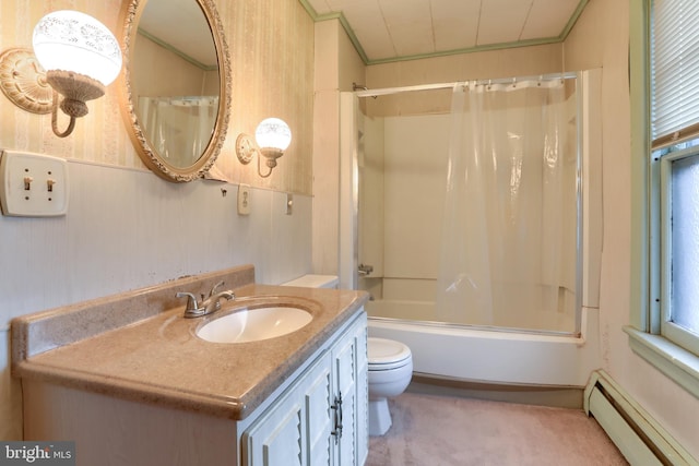 350 E Derry Rd, Hershey, PA 17033 - full bath featuring a baseboard heating unit, toilet, vanity, crown molding, and shower / bath combo