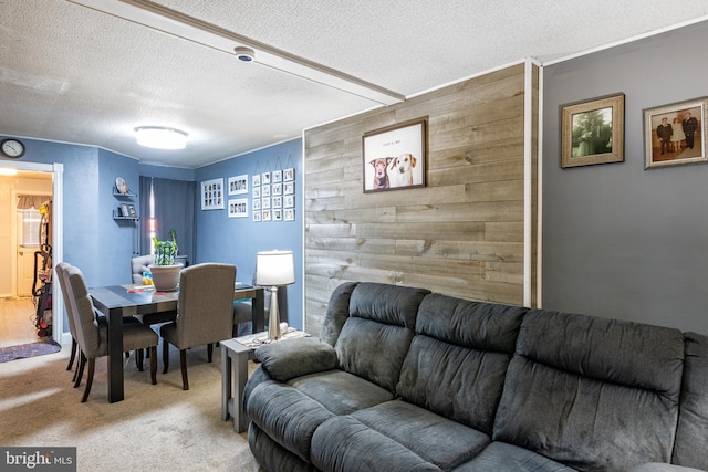 living room featuring a textured ceiling, wood walls, and light carpet