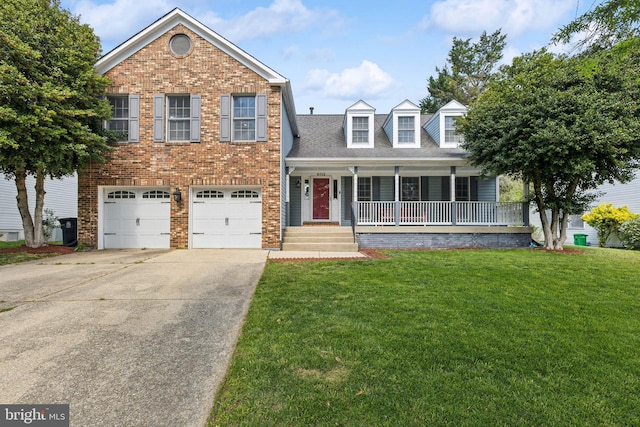 view of front facade featuring covered porch, brick siding, a front lawn, concrete driveway, and an attached garage