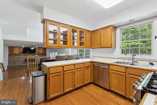 kitchen featuring a sink, appliances with stainless steel finishes, a peninsula, and light wood-style flooring