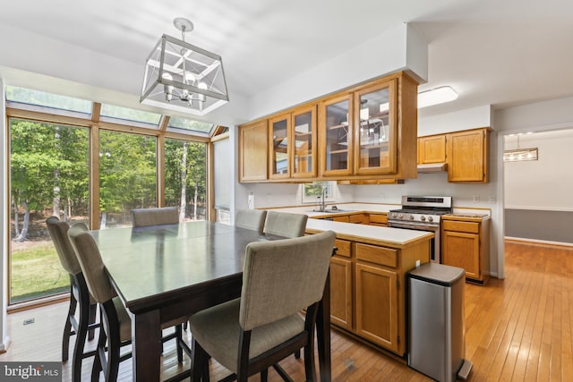 dining area featuring a skylight and light wood-type flooring