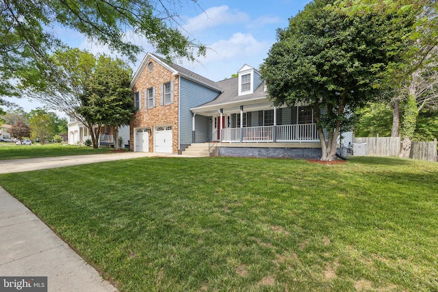 view of front of property with a porch, a garage, fence, a front lawn, and concrete driveway