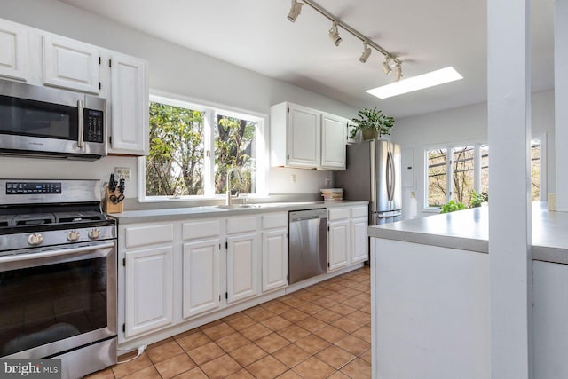 kitchen featuring a skylight, rail lighting, light countertops, stainless steel appliances, and a wealth of natural light