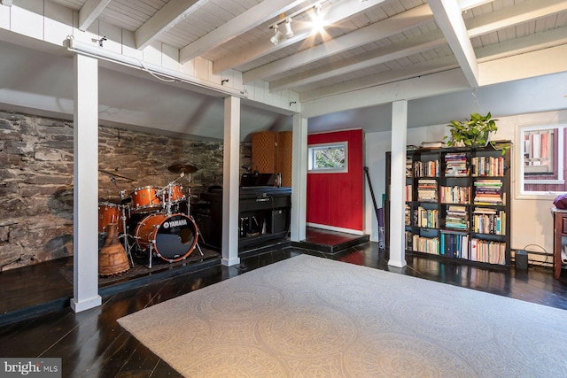 interior space with wood ceiling, beamed ceiling, and hardwood / wood-style floors