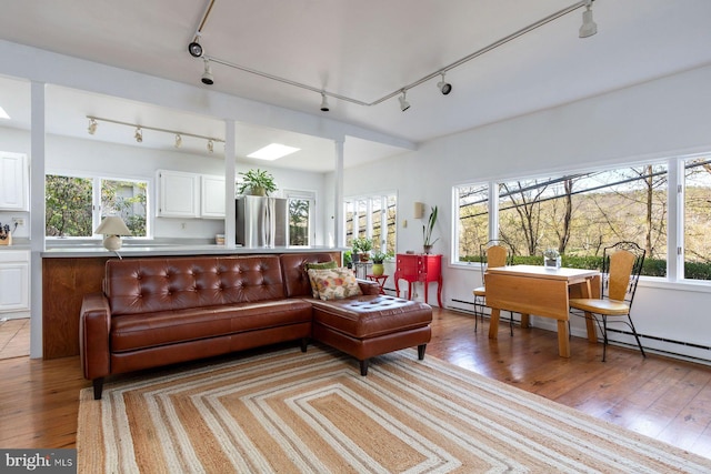 living room with rail lighting and light wood finished floors