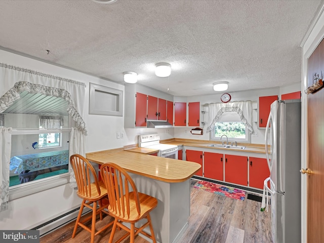 917 Houtztown Rd, Myerstown, PA 17067 - kitchen with white electric range oven, a sink, red cabinetry, a textured ceiling, and freestanding refrigerator