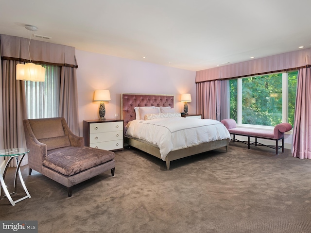 bedroom featuring carpet floors, recessed lighting, and visible vents