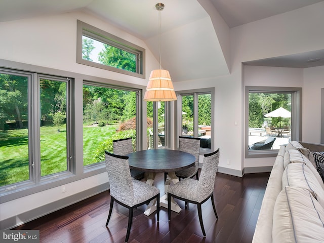 dining area with baseboards, dark wood-type flooring, and high vaulted ceiling