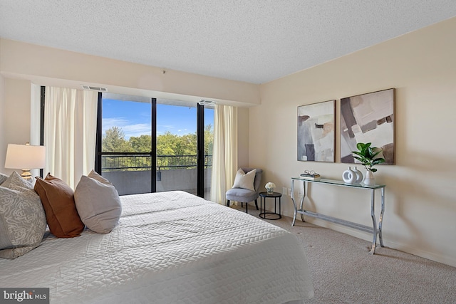 carpeted bedroom with baseboards, a textured ceiling, visible vents, and access to exterior