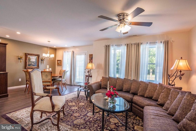 250 Parkside Ct, Woodstock, VA 22664 - living room featuring wood finished floors, a chandelier, recessed lighting, ceiling fan, and baseboards