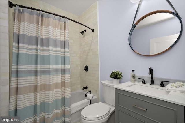 full bath with toilet, vanity, and shower / bath combination with curtain