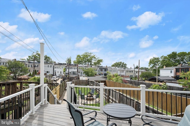 deck with a residential view and a fenced backyard