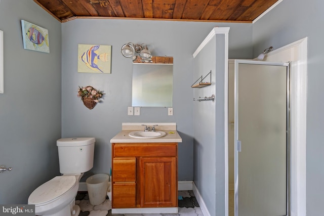 bathroom with vanity, wood ceiling, a stall shower, and toilet