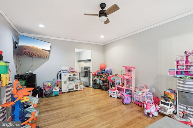 595 Tabernacle Rd, Medford, NJ 08055 - playroom featuring crown molding, a ceiling fan, wood finished floors, recessed lighting, and a fireplace