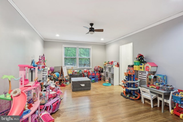 595 Tabernacle Rd, Medford, NJ 08055 - recreation room featuring ornamental molding, ceiling fan, wood finished floors, and recessed lighting