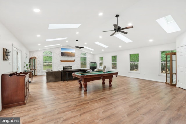 595 Tabernacle Rd, Medford, NJ 08055 - rec room with a skylight, lofted ceiling, a large fireplace, recessed lighting, and billiards