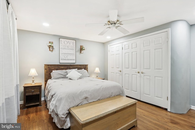 595 Tabernacle Rd, Medford, NJ 08055 - bedroom featuring recessed lighting, wood finished floors, a closet, ceiling fan, and baseboards