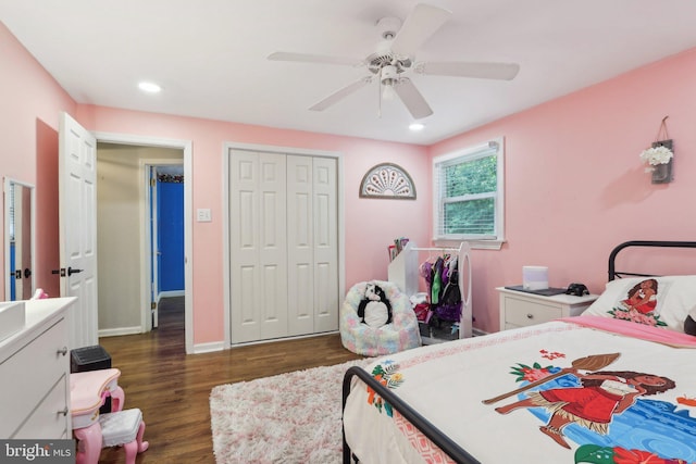 595 Tabernacle Rd, Medford, NJ 08055 - bedroom with dark wood-type flooring, a closet, recessed lighting, ceiling fan, and baseboards