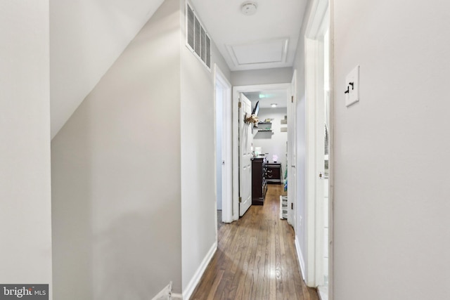 595 Tabernacle Rd, Medford, NJ 08055 - corridor with wood-type flooring, attic access, and baseboards