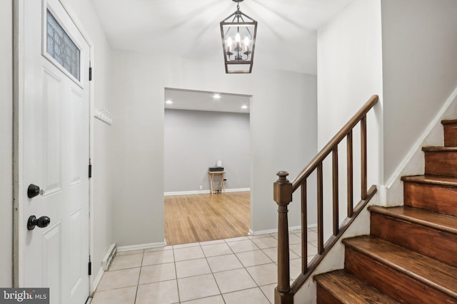 595 Tabernacle Rd, Medford, NJ 08055 - entrance foyer with stairway, a chandelier, light tile patterned flooring, baseboards, and recessed lighting