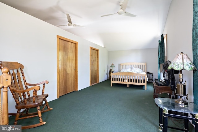 bedroom featuring carpet floors, a ceiling fan, and multiple closets