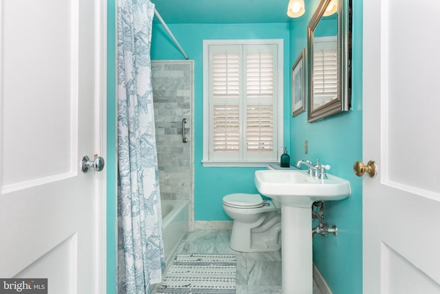 263 Medwick Garth E, Baltimore, MD 21228 - full bathroom featuring baseboards, toilet, marble look tiles, and shower / tub combo