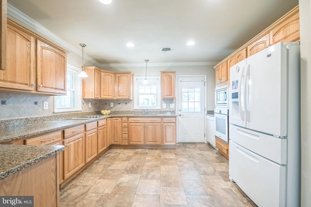 10918 Allen Ave, Hagerstown, MD 21740 - kitchen with white appliances, backsplash, and a wealth of natural light