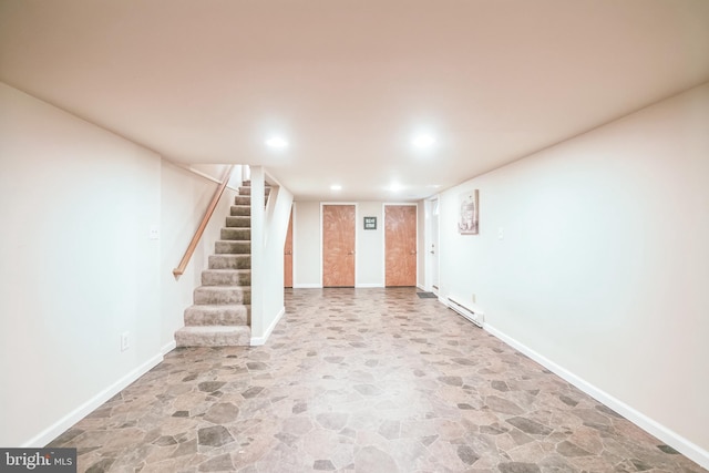 10918 Allen Ave, Hagerstown, MD 21740 - finished basement with stone finish floor, recessed lighting, baseboards, a baseboard heating unit, and stairway