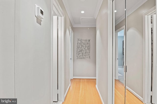 503 Colony Ct NW, Vienna, VA 22180 - hall featuring attic access, light wood-style floors, crown molding, baseboards, and recessed lighting