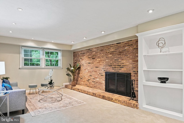 503 Colony Ct NW, Vienna, VA 22180 - carpeted living area featuring a brick fireplace, built in features, recessed lighting, and baseboards