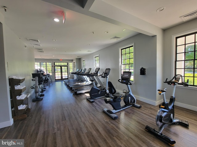 exercise room with visible vents, wood finished floors, and a wealth of natural light