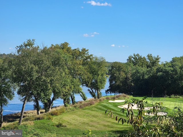 view of property's community featuring a lawn and a water view