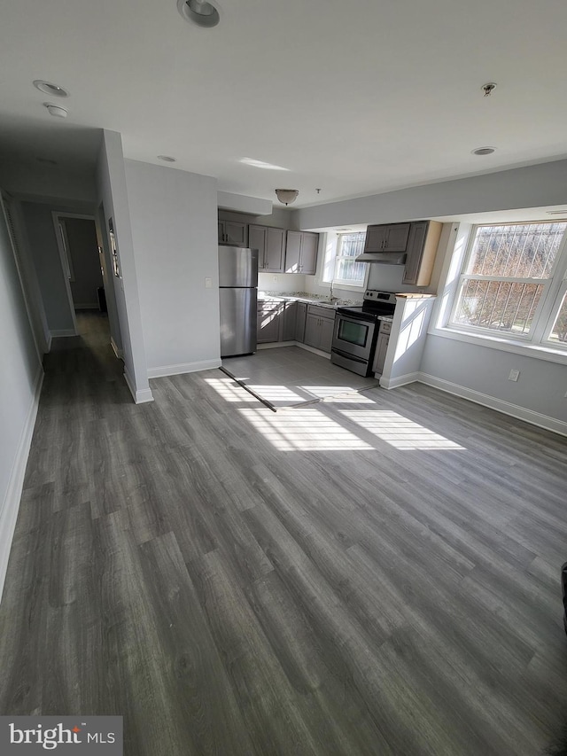4800 C St SE Unit 104, Washington, DC 20019 - kitchen with baseboards, dark wood-type flooring, a sink, appliances with stainless steel finishes, and gray cabinetry