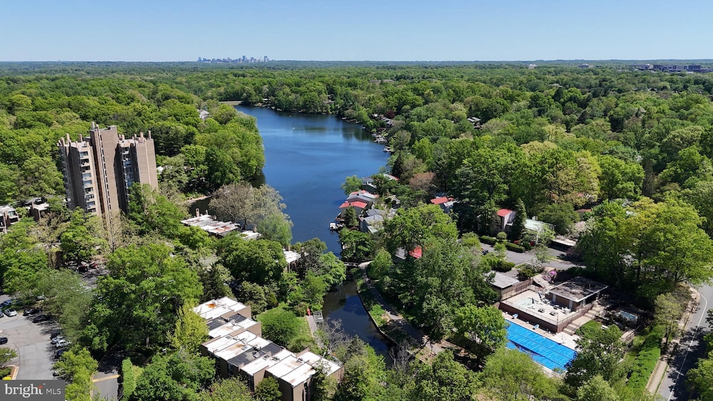 aerial view with a water view and a view of trees