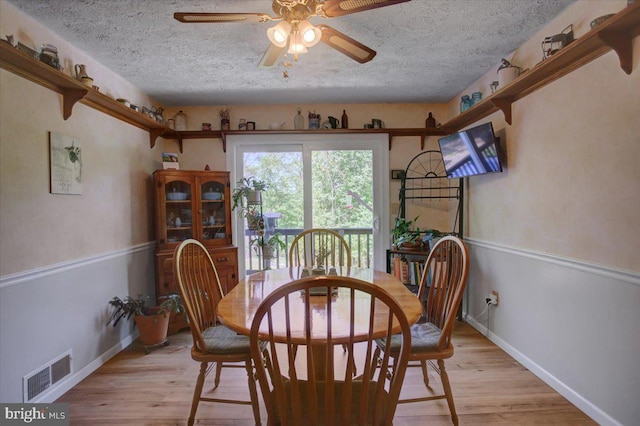 dining room with visible vents, light wood-style floors, ceiling fan, and baseboards