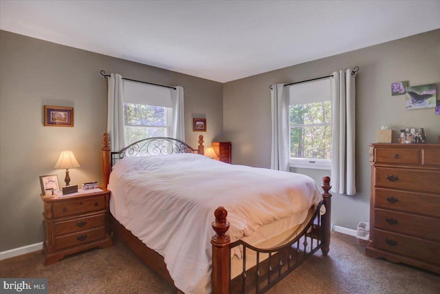 bedroom with baseboards, multiple windows, and dark colored carpet