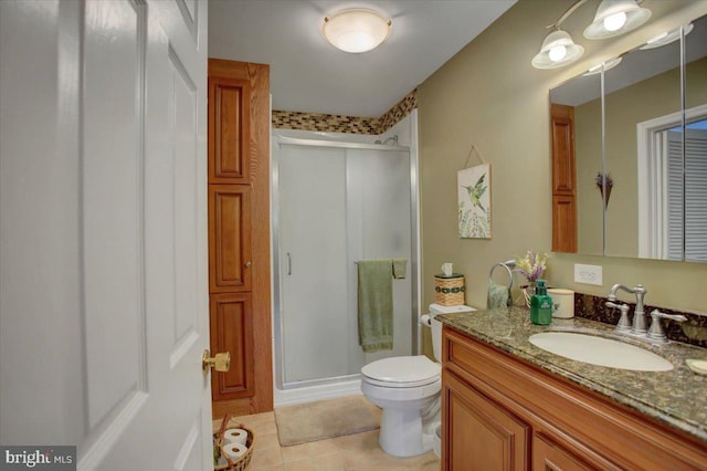 full bath featuring vanity, tile patterned flooring, a stall shower, and toilet