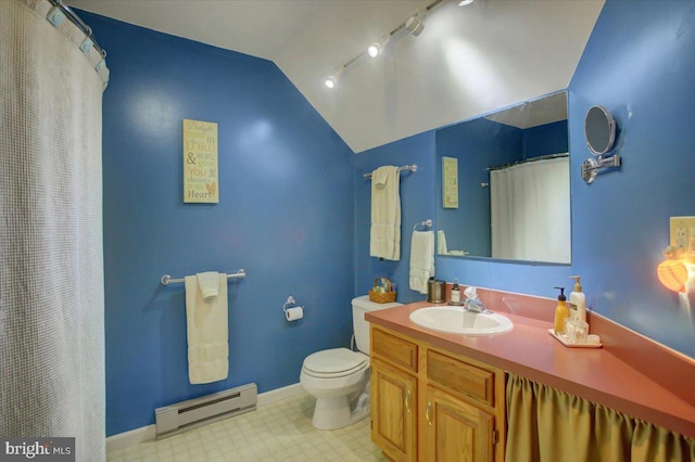 full bathroom featuring toilet, tile patterned floors, rail lighting, a baseboard radiator, and vaulted ceiling