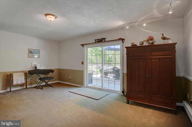 carpeted office space featuring baseboards and rail lighting