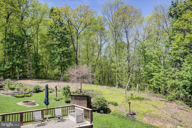 surrounding community with a lawn, an outdoor fire pit, and a deck