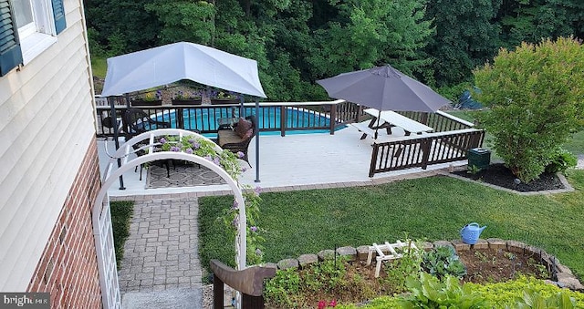 view of yard with a fenced in pool